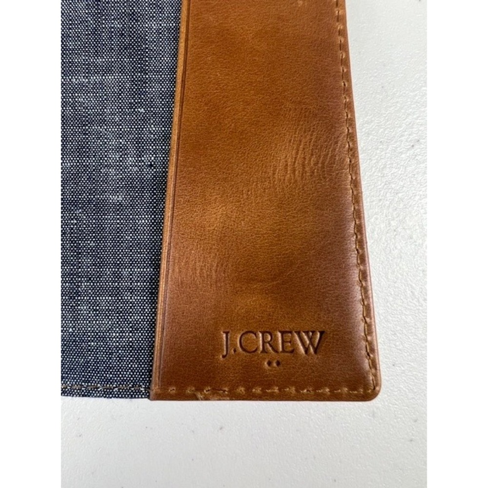 J.Crew Brown Leather Passport Cover Chambray Lined Travel Case Wallet - Picture 4 of 9